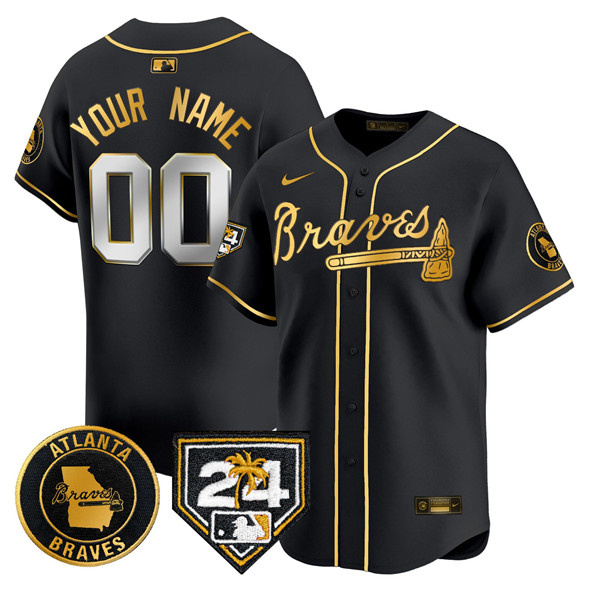 Men's Atlanta Braves Customized Black Gold 2024 Spring Training Patch Limited Stitched Baseball Jersey