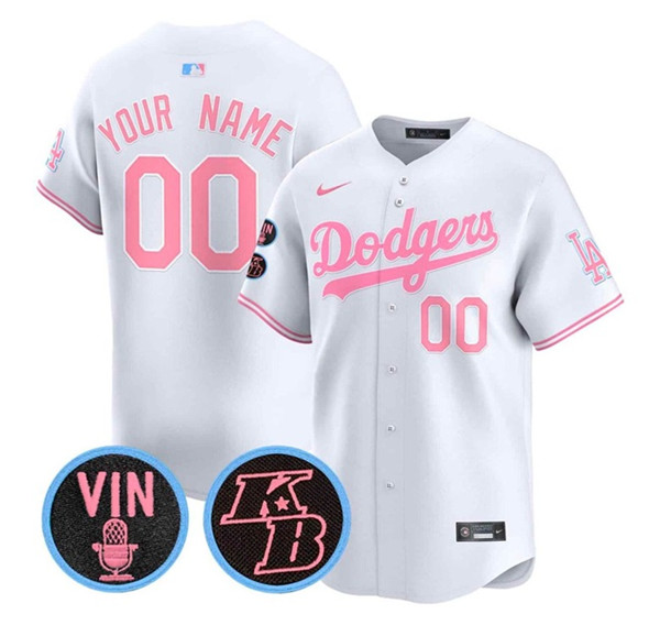Men's Los Angeles Angels Active Player Custom White Pink With Vin & Kobe Patch Limited Stitched Baseball Jersey