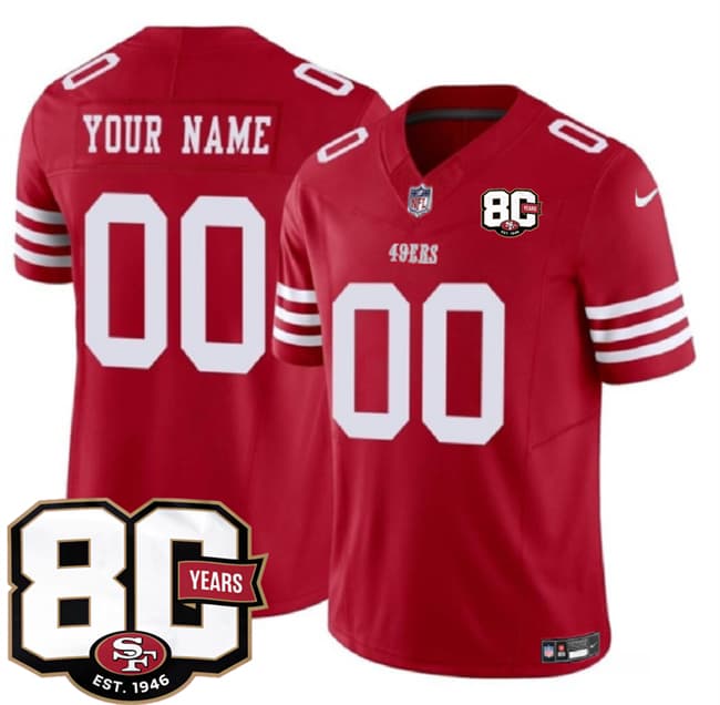 Men's San Francisco 49ers Active Player Custom Red 80th Anniversary Patch 2026 F.U.S.E. Vapor Untouchable Limited Football Stitched Jersey