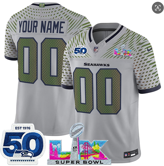 Men's Seattle Seahawks Active Player Custom Gray 2025 F.U.S.E. Super Bowl LX Patch And 50th Season Patch “Rivalries” Vapor Limited Stitched Jersey