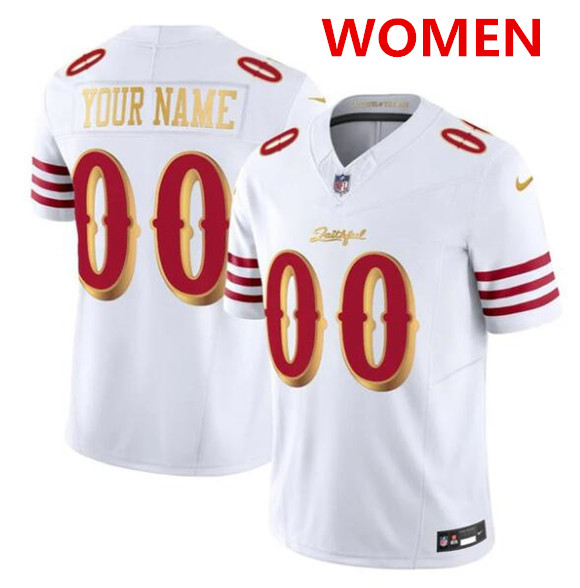 Women's San Francisco 49ers ACTIVE PLAYER Custom White Gold 2025 F.U.S.E. “Rivalries” Vapor Limited Football Stitched Jersey(Run Small)