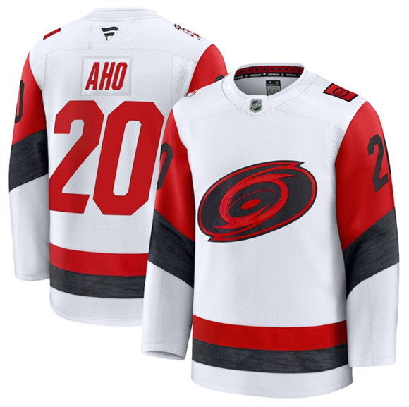 Men's Carolina Hurricanes #20 Sebastian Aho White 2025 Away Stitched Hockey Jersey