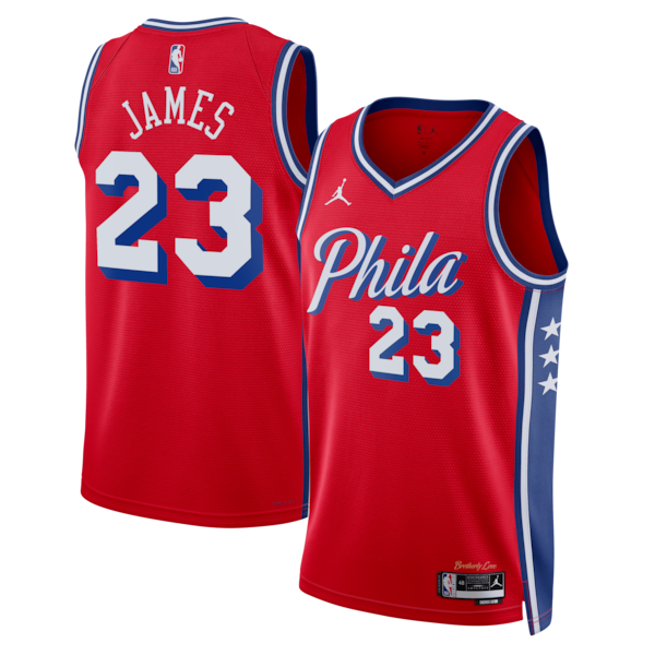 Men's Philadelphia 76ers #23 LeBron James Red 2026 Statement Edition Stitched Jersey