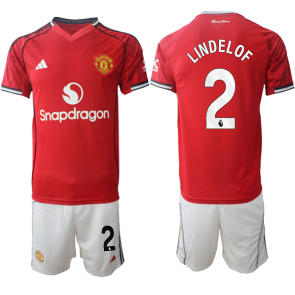 Men's Manchester United #2 Victor Lindel?f 2025-26 Red Home Soccer Jersey Suit