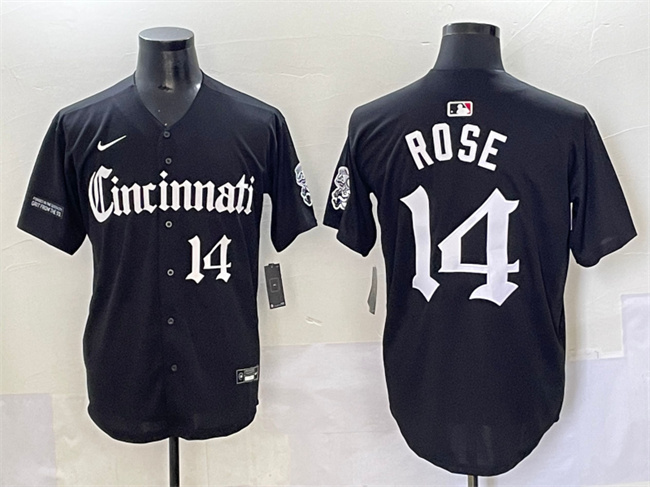 Men's Cincinnati Reds #14 Pete Rose Black 'Gothic Queen City Edition' Vapor Premier Limited Stitched Baseball Jersey