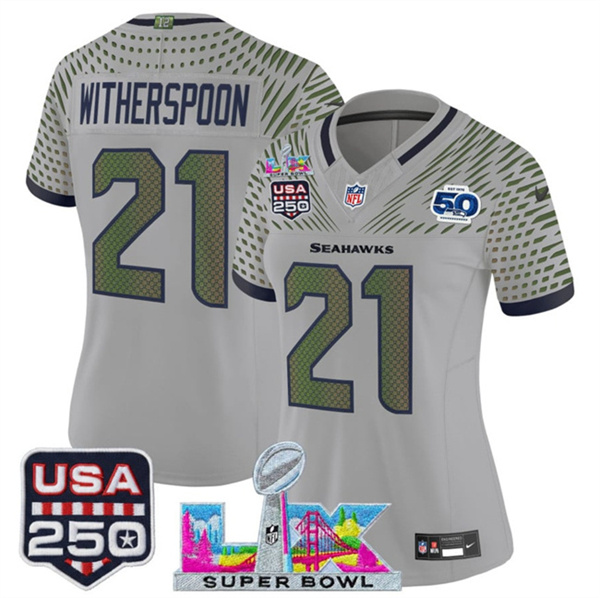 Women's Seattle Seahawks #21 Devon Witherspoon Gray 2025 F.U.S.E. Super Bowl LX & US 250th anniversary Patch And 50th Season Patch “Rivalries” Vapor Limited Football Stitched Jersey(Run Small)