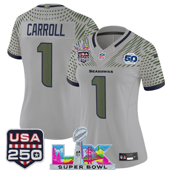 Women's Seattle Seahawks #1 Pete Carroll Gray 2025 F.U.S.E. Super Bowl LX & US 250th anniversary Patch And 50th Season Patch “Rivalries” Vapor Limited Football Stitched Jersey(Run Small)