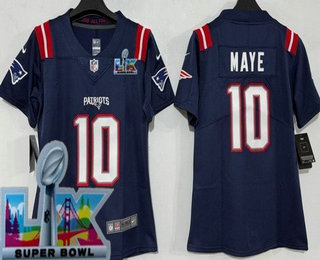 Women's New England Patriots #10 Drake Maye Limited Navy Super Bowl LX Vapor Jersey