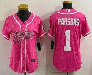 Women's Green Bay Packers #1 Micah Parsons Pink With Patch Cool Base Stitched Baseball Jersey