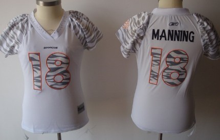 Denver Broncos #18 Peyton Manning White Womens Zebra Field Flirt Fashion Jersey
