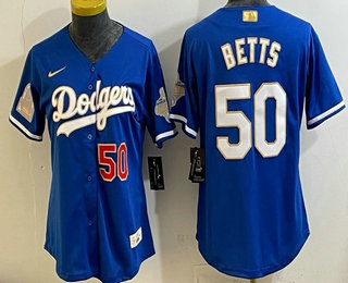 Women's Los Angeles Dodgers #50 Mookie Betts Blue 2026 Gold Collection Stadium Jersey