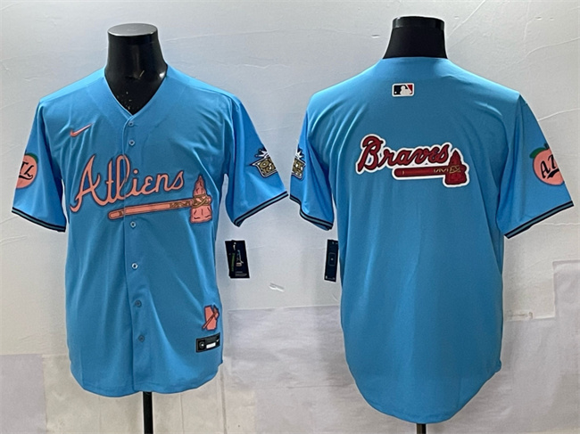 Men's Atlanta Braves Team Big Logo Blue 2024 Atliens & Peach With Outkast Patch Vapor Limited Stitched Baseball Jersey