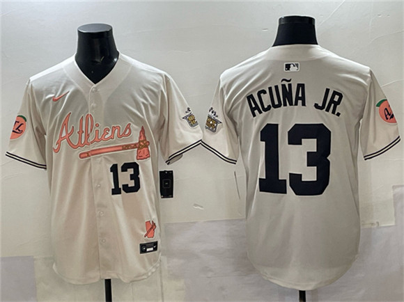 Men's Atlanta Braves #13 Ronald Acu?a Jr. Cream 2024 Atliens & Peach With Outkast Patch Vapor Limited Stitched Baseball Jersey