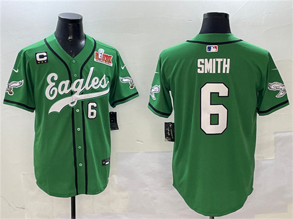 Men's Philadelphia Eagles #6 DeVonta Smith Green 2025 Super Bowl LIX And 3-Star C Patch Stitched Baseball Jersey