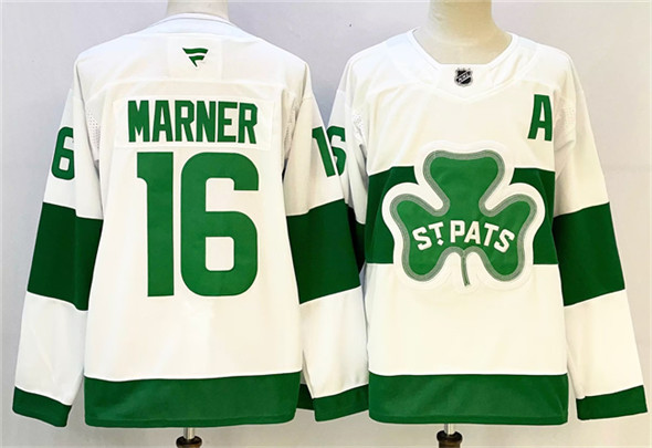 Men's Toronto Maple Leafs #16 Mitchell Marner White Green 2024-25 With A Patch Stitched Jersey