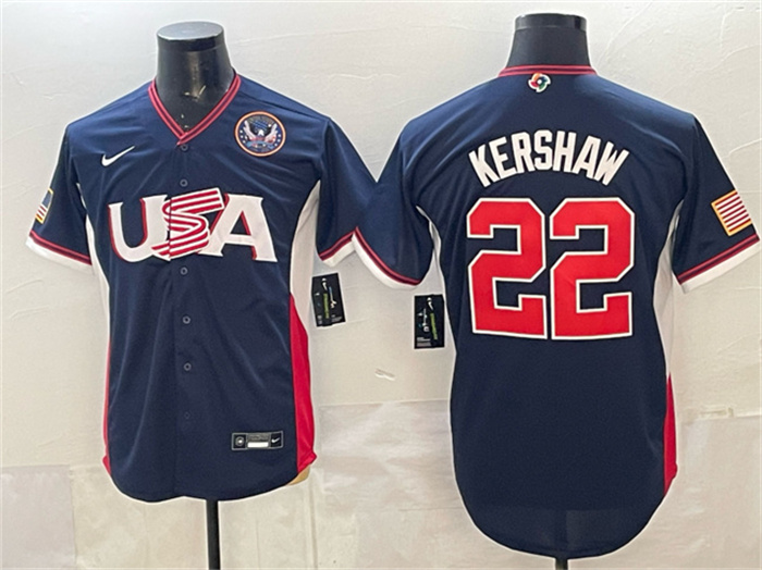 Men's USA Baseball #22 Clayton Kershaw Navy 2026 World Baseball Classic United States 250th Anniversary Patch Road Stadium Stitched Jersey