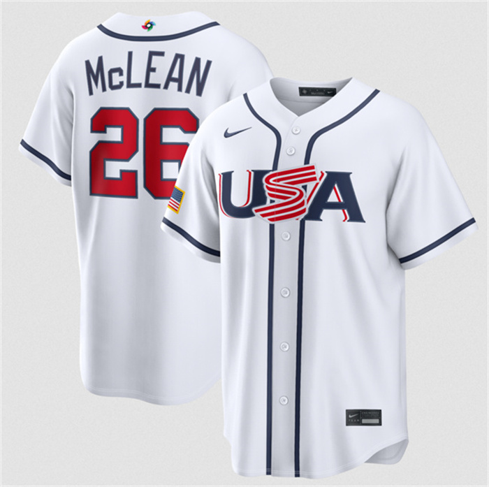 Men's USA Baseball #26 Nolan McLean White 2026 World Baseball Classic Home Stadium Stitched Jersey