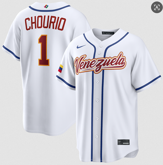 Men's Venezuela Baseball #1 Jackson Chourio White 2026 World Baseball Classic Home Stadium Stitched Jersey