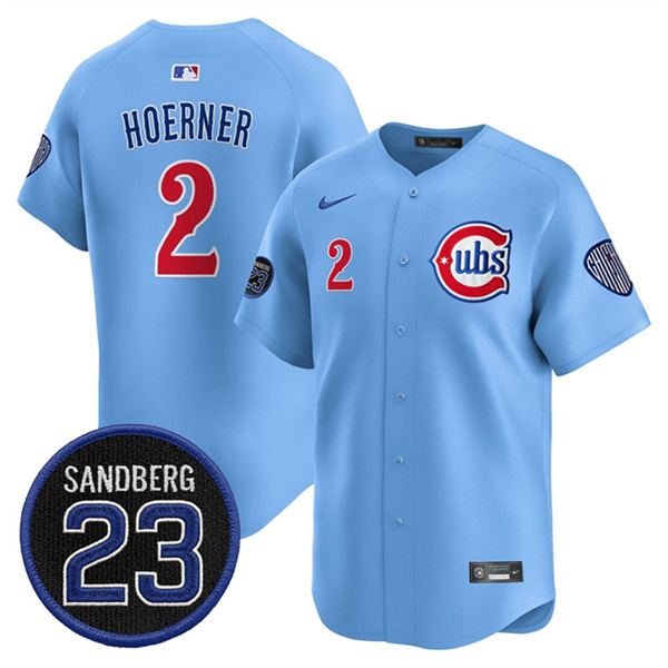 Men's Chicago Cubs #2 Nico Hoerner Blue 'Ryne Sandberg Tribute' Vapor Limited V2 Stitched Baseball Jersey