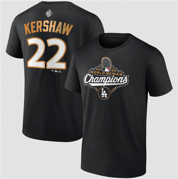 Men's Los Angeles Dodgers #22 Clayton Kershaw Black 2025 World Series Champions Name & Number T-Shirt