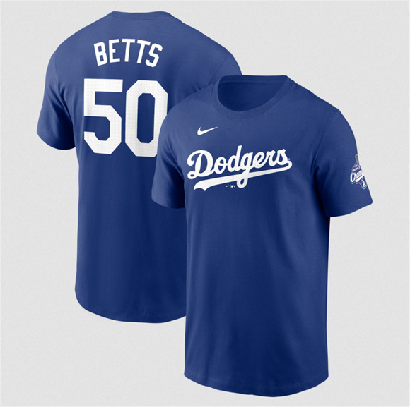 Men's Los Angeles Dodgers #50 Mookie Betts Royal 2025 World Series Champions Name & Number T-Shirt
