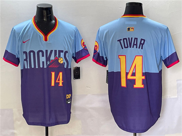 Men's Colorado Rockies #14 Ezequiel Tovar Purple Light Blue 2025 City Connect Limited Stitched Baseball Jersey